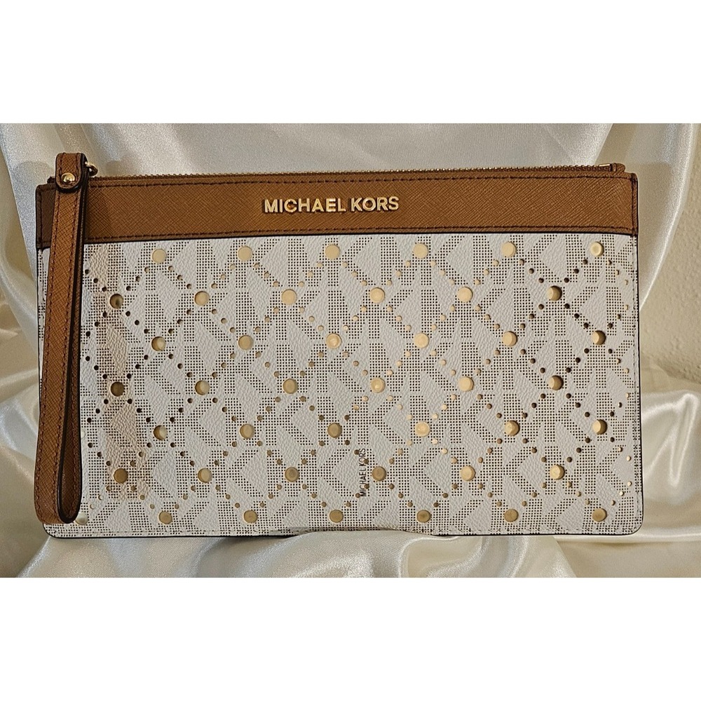 Michael Kors Large(10.5 x 6) Top Zip Leather Pouch/Wristlet/Makeup Bag/Tan/White